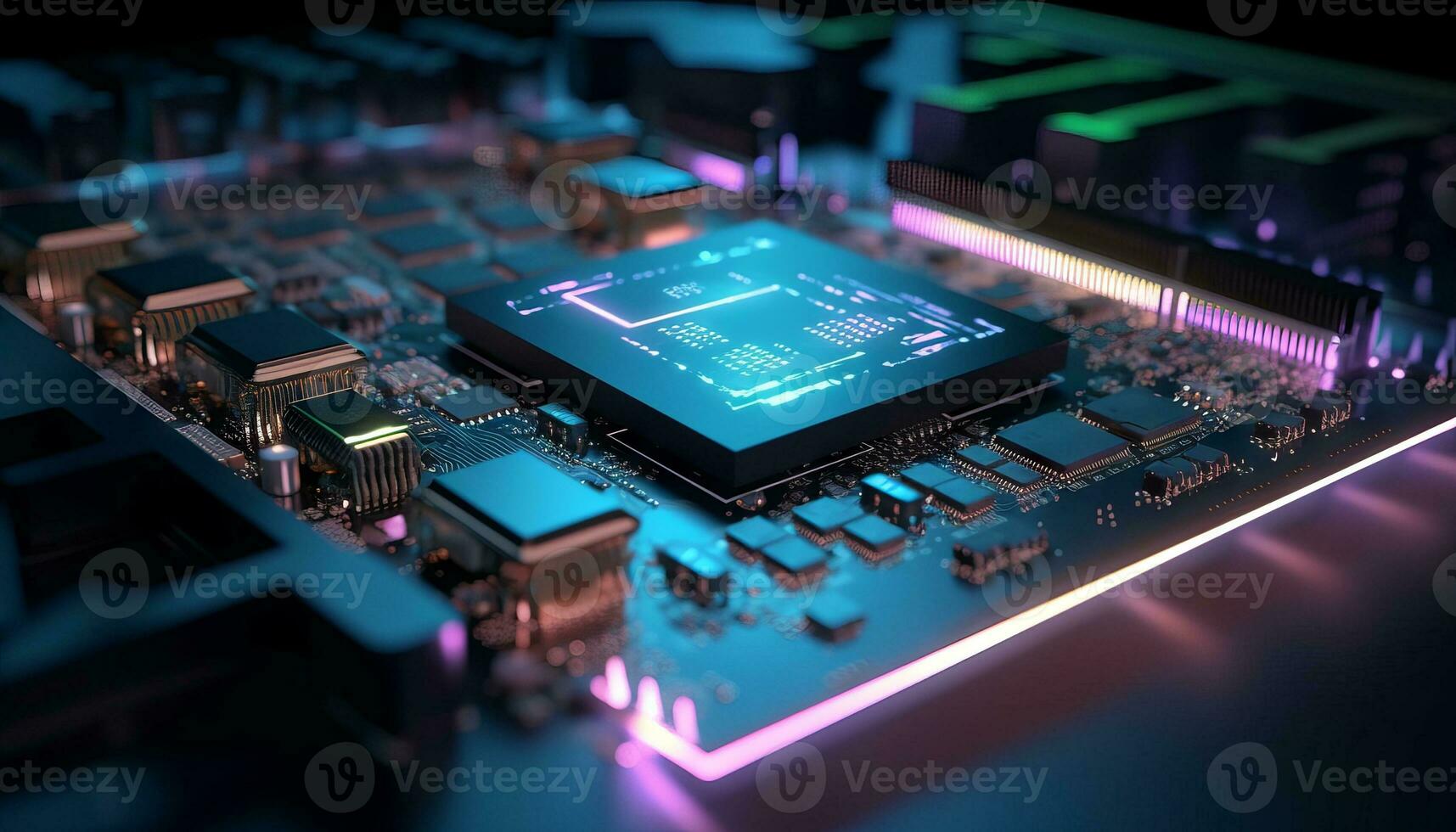 AI generated Close up view of a modern GPU card with circuit and colorful lights and details 3D rendering. Generative ai photo