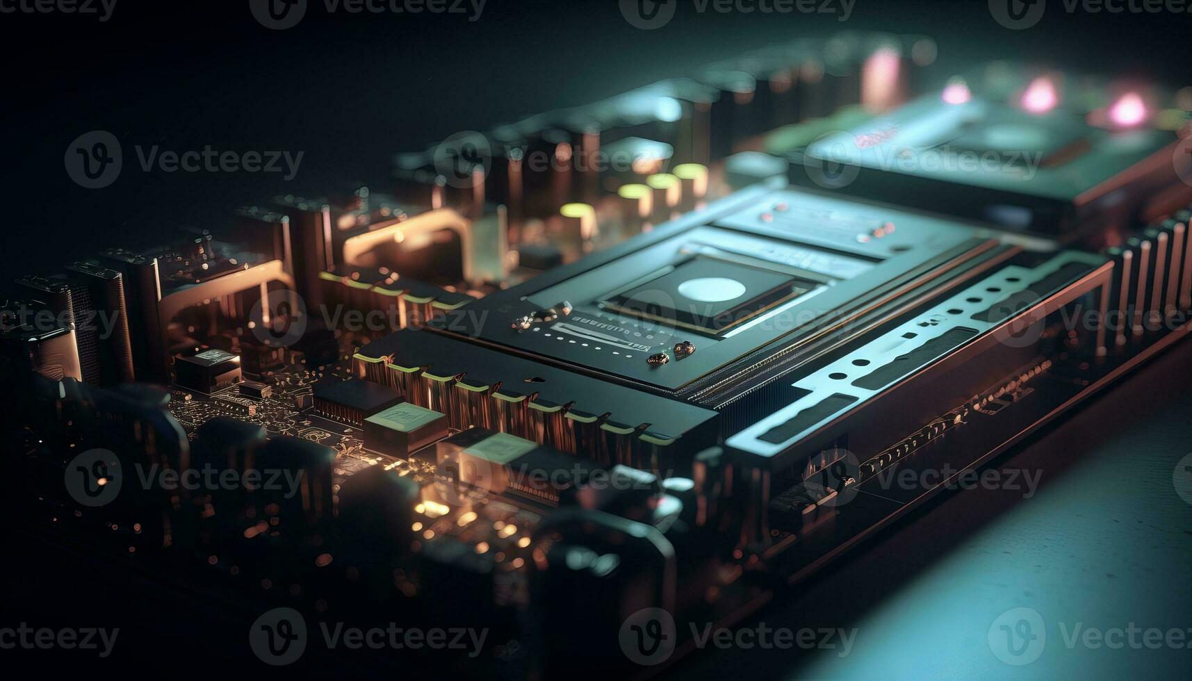 AI generated Close up view of a modern GPU card with circuit and colorful lights and details 3D rendering. Generative ai photo