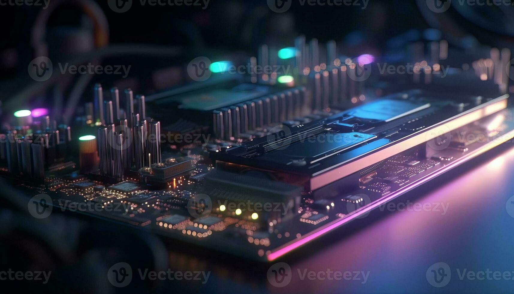 AI generated Close up view of a modern GPU card with circuit and colorful lights and details 3D rendering. Generative ai photo