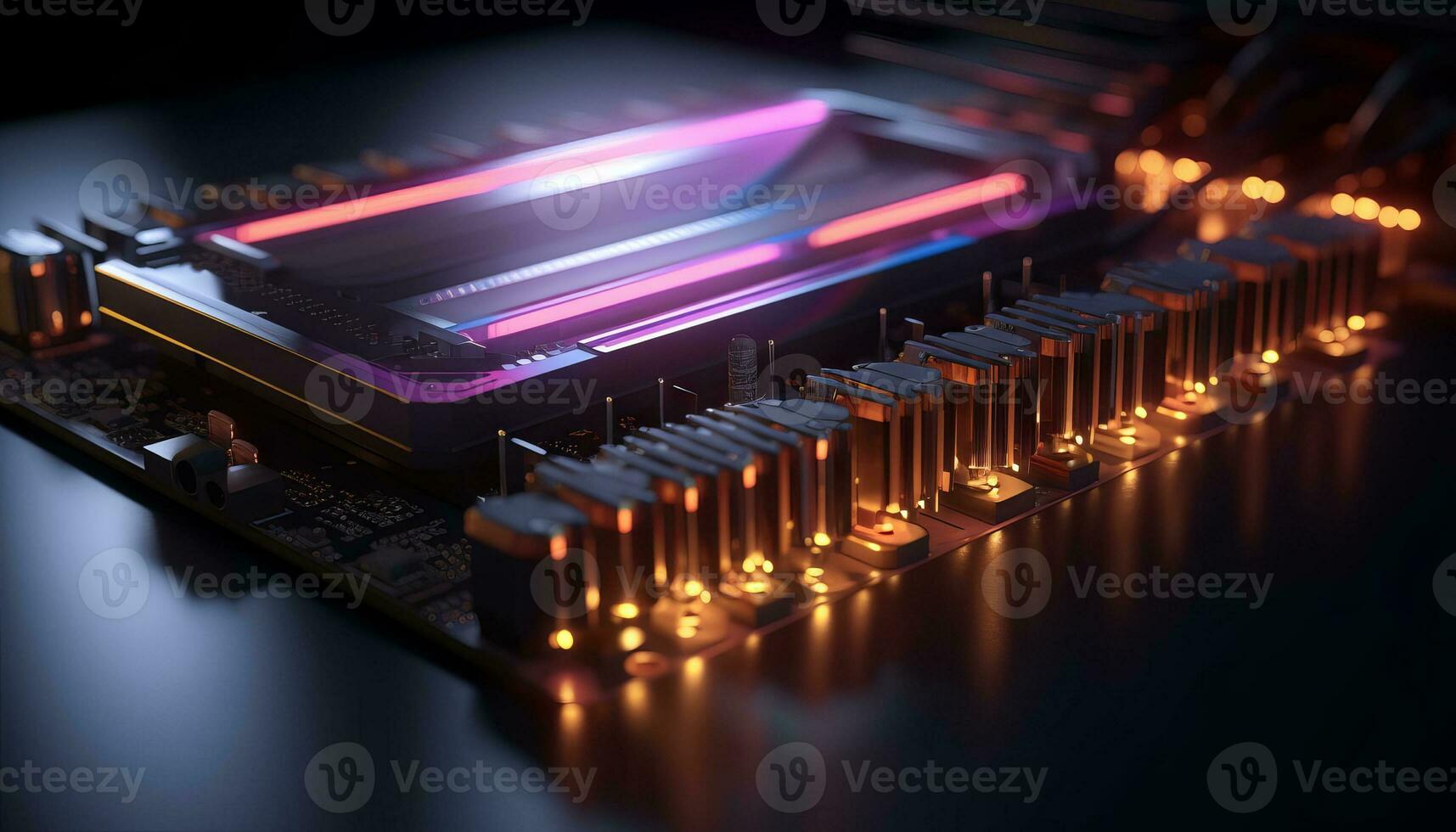 AI generated Close up view of a modern GPU card with circuit and colorful lights and details 3D rendering. Generative ai photo