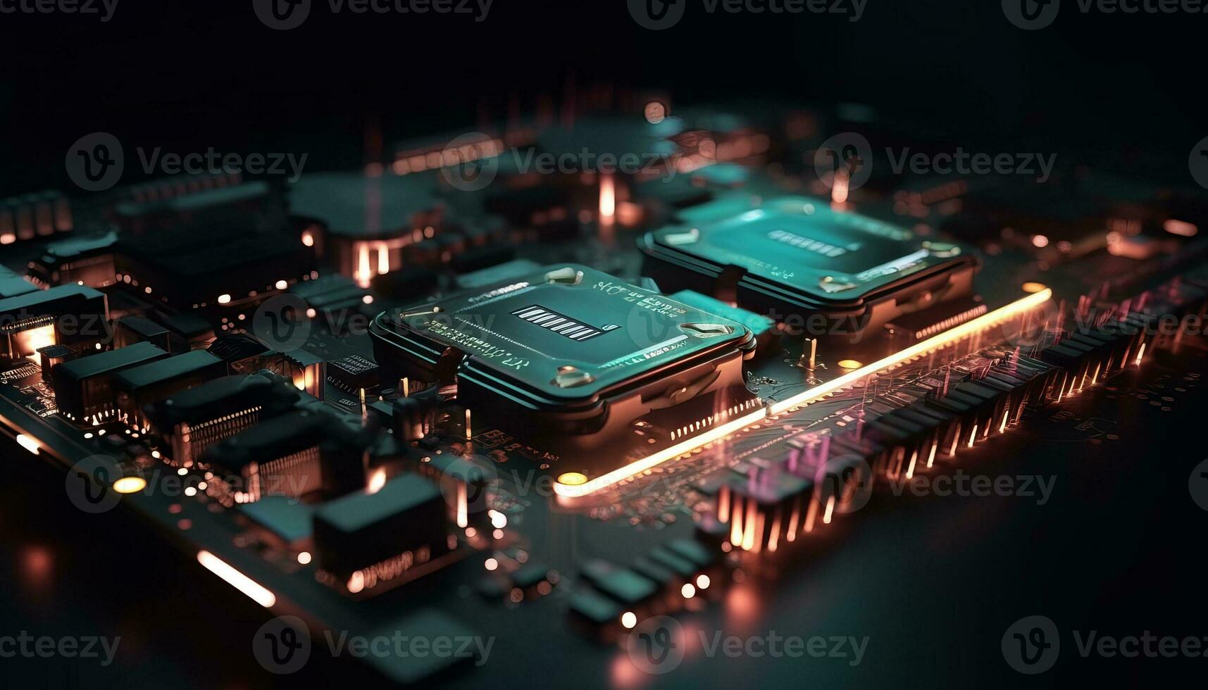 AI generated Close up view of a modern GPU card with circuit and colorful lights and details 3D rendering. Generative ai photo