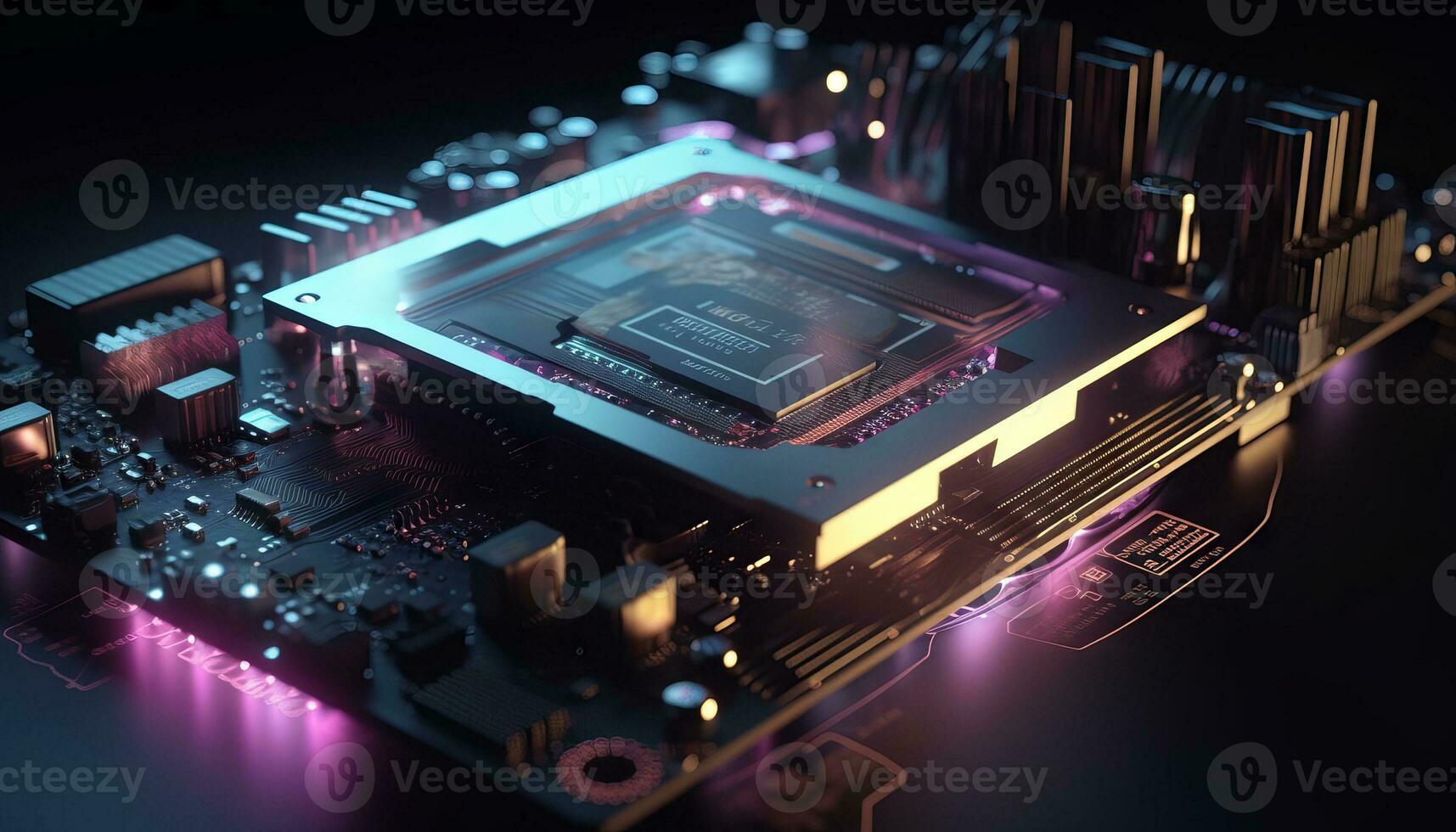 AI generated Close up view of a modern GPU card with circuit and colorful lights and details 3D rendering. Generative ai photo