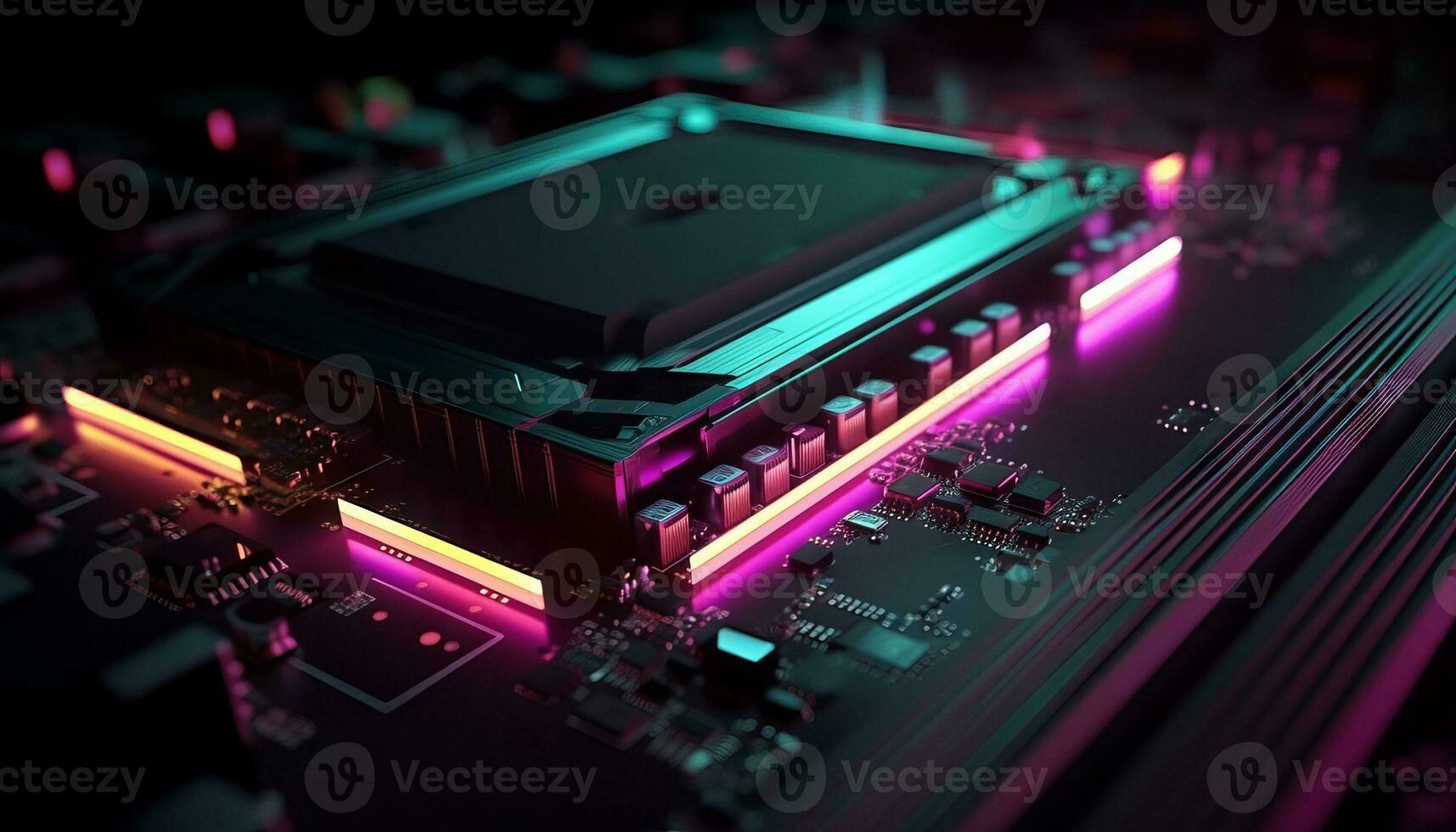 AI generated Close up view of a modern GPU card with circuit and colorful lights and details 3D rendering. Generative ai photo