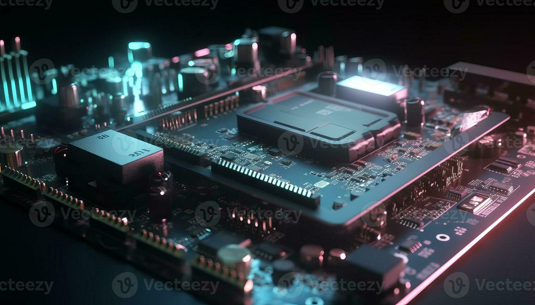 AI generated Close up view of a modern GPU card with circuit and colorful lights and details 3D rendering. Generative ai photo