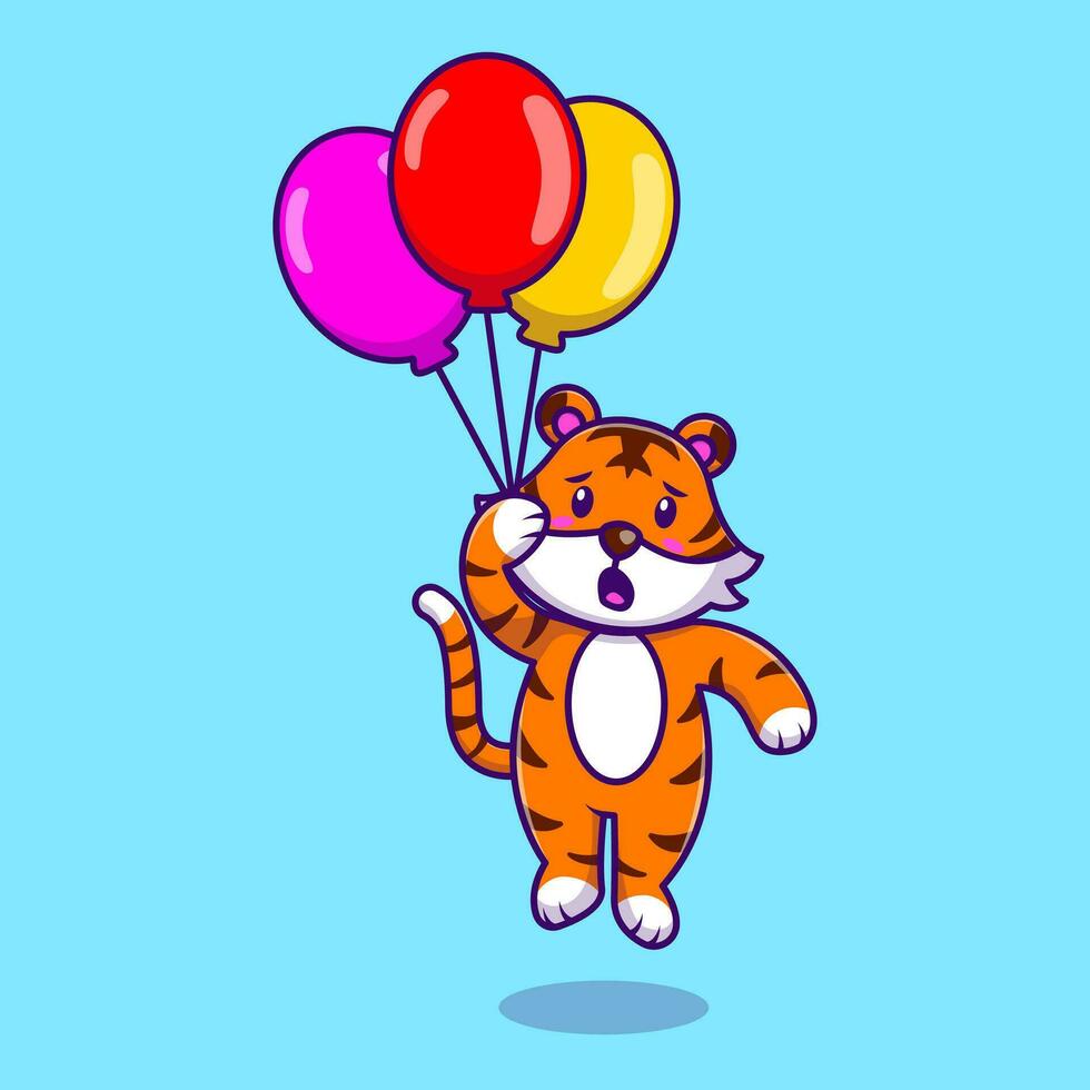 linda Tigre flotante con globos dibujos animados vector íconos ilustración. plano dibujos animados concepto. adecuado para ninguna creativo proyecto.