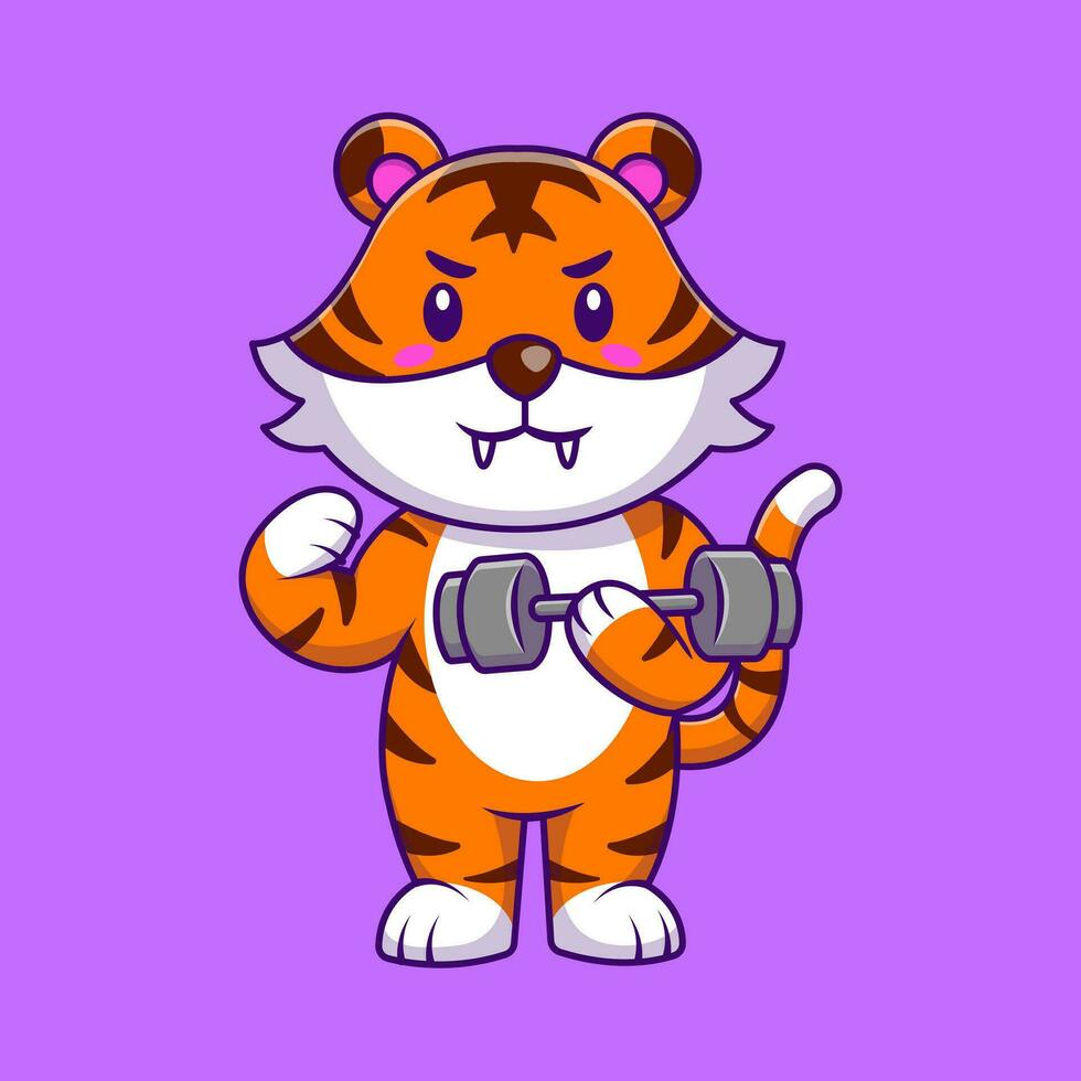 Cute Tiger Lifting Dumbell Cartoon Vector Icons Illustration. Flat Cartoon Concept. Suitable for any creative project.