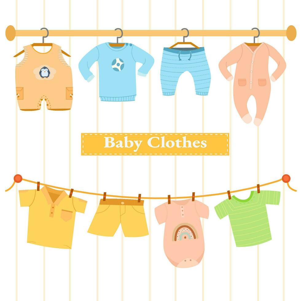 baby clothes hanging on display racks and ropes vector