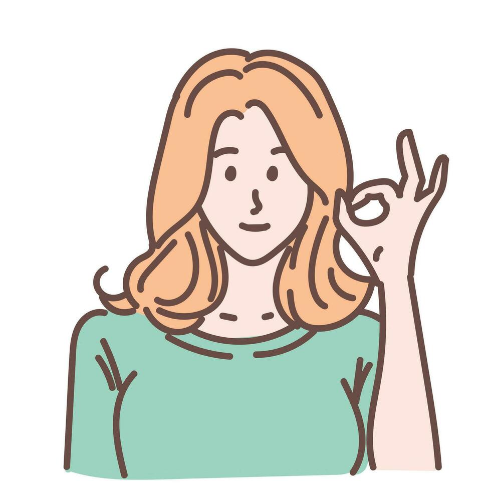 woman is showing a gesture Okay, ok. Hand drawn style vector design illustrations.