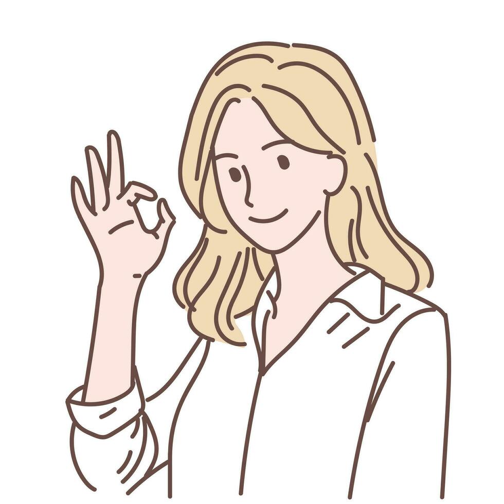 woman is showing a gesture Okay, ok. Hand drawn style vector design illustrations.