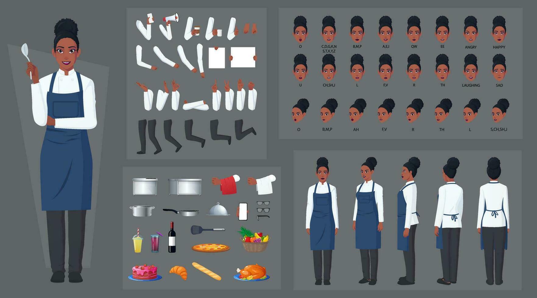 Chef Black Woman, Cook Character Construction and Animation Pack, Black Woman Wearing chef cloths and Hat, with blue Apron, Kitchen equipment, Food, Mouth Animation and Lip Sync Vector Illustration