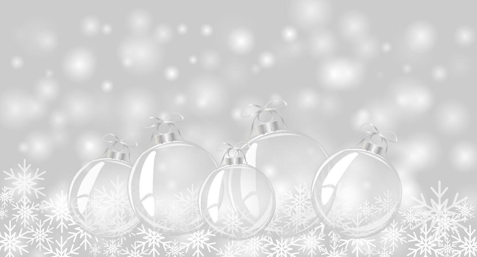 Gray Christmas background. Christmas card. Fallen snowflakes. Christmas silver balls. Vector illustration