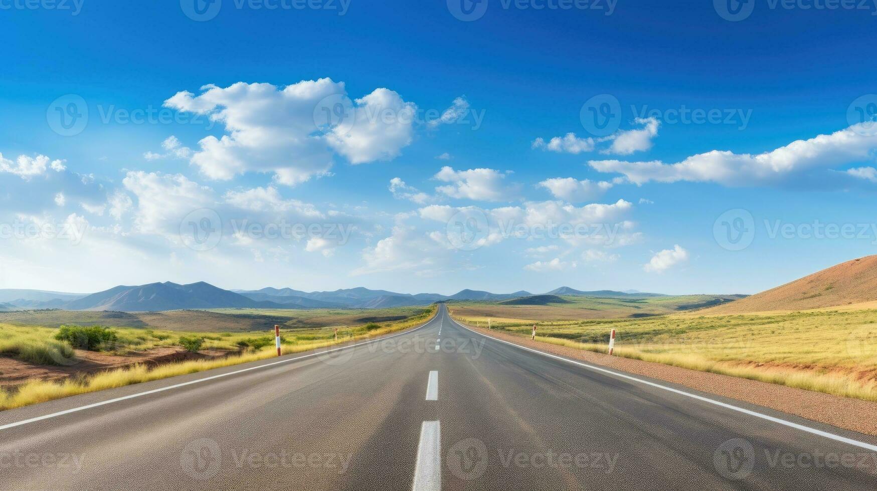 AI generated A serene open road extending into a picturesque horizon with a clear blue sky and fluffy clouds photo