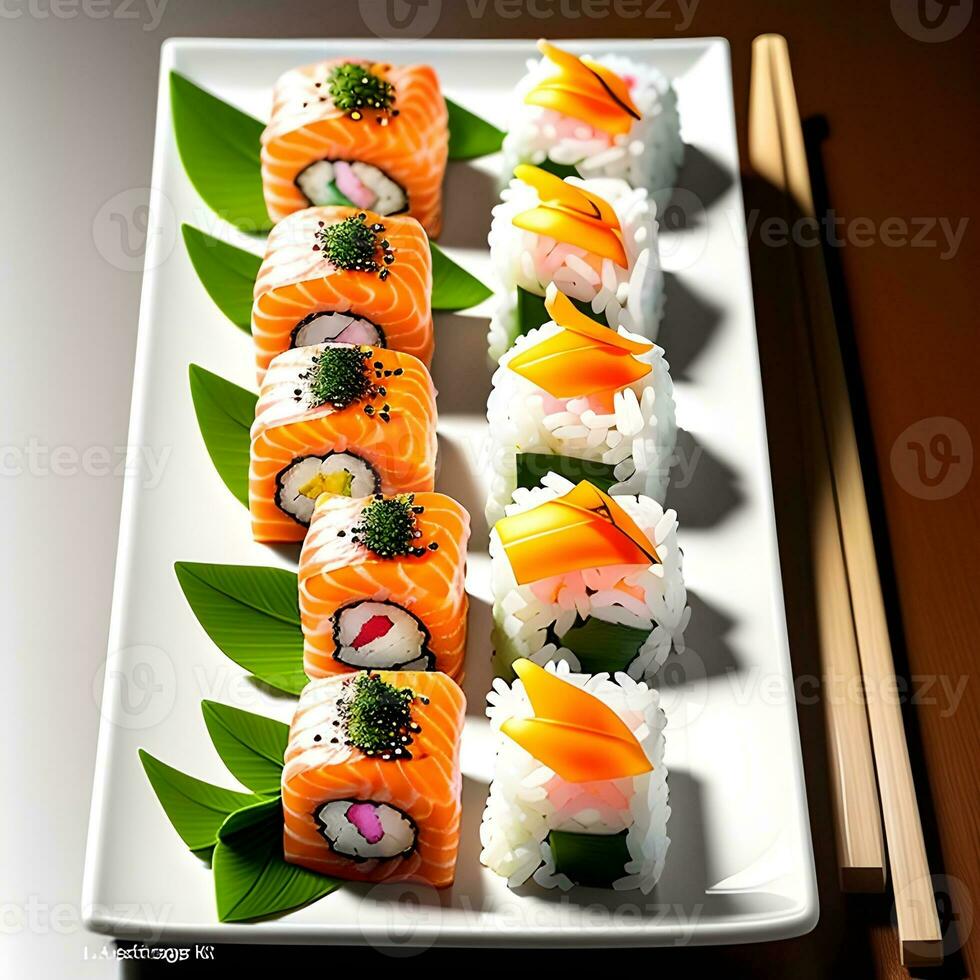 ai generado Sushi son bajo en calorías y Contiene nutritivo pescado y mariscos, Fresco vegetales. generativo ai. foto