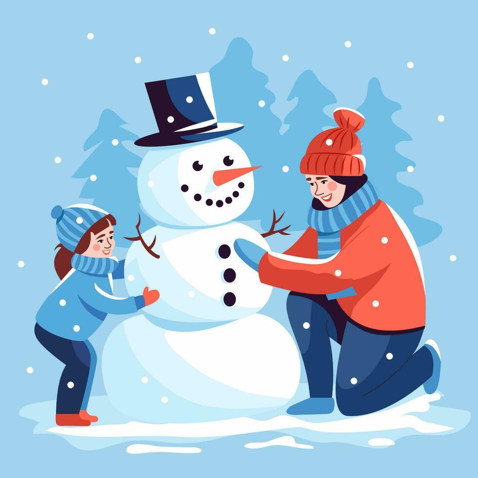 Mom and daughter make a snowman in winter. A girl and a woman are having fun with the snow. Vector illustration in the flat style, cartoon