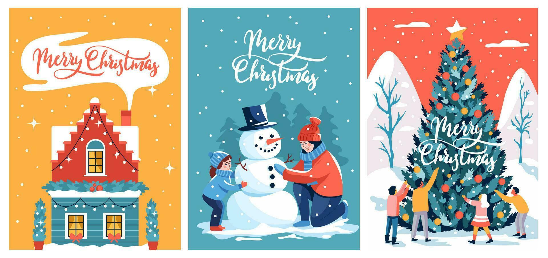A set of Christmas cards. Mom and daughter are making a snowman. The family is decorating the Christmas tree. Flat, cartoon vector