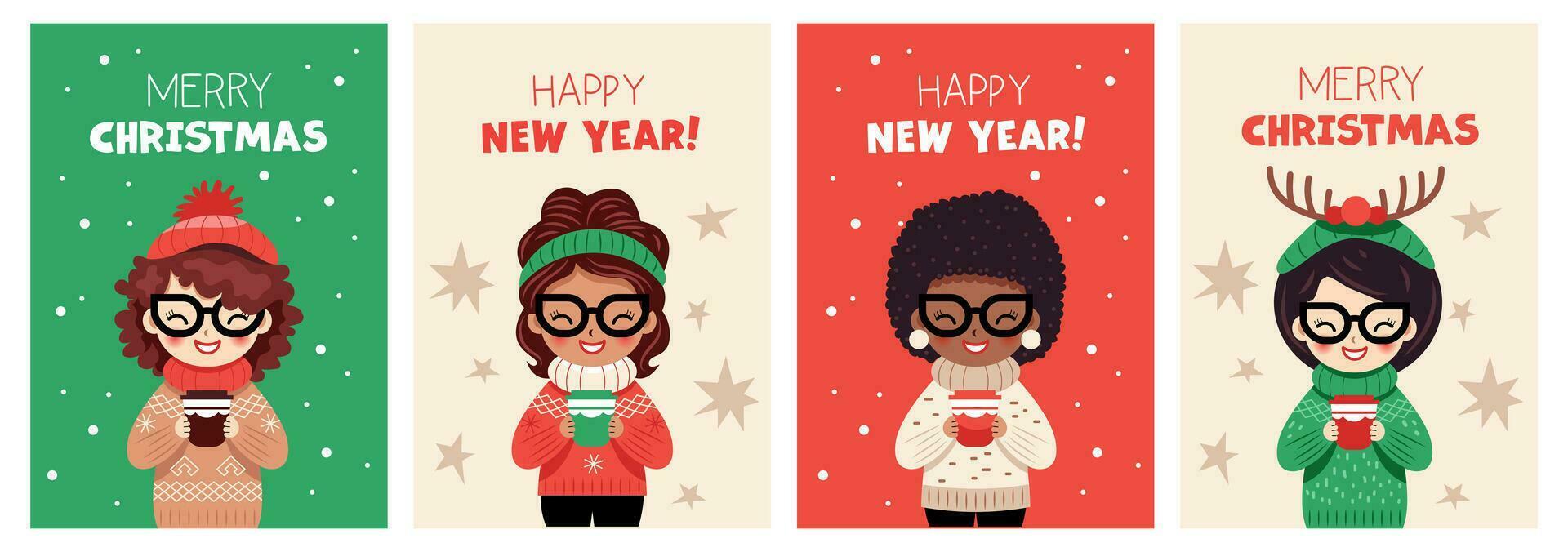 un conjunto de Navidad tarjetas linda muchachas Bebiendo bebidas desde lentes. invierno suéteres departamento, dibujos animados vector