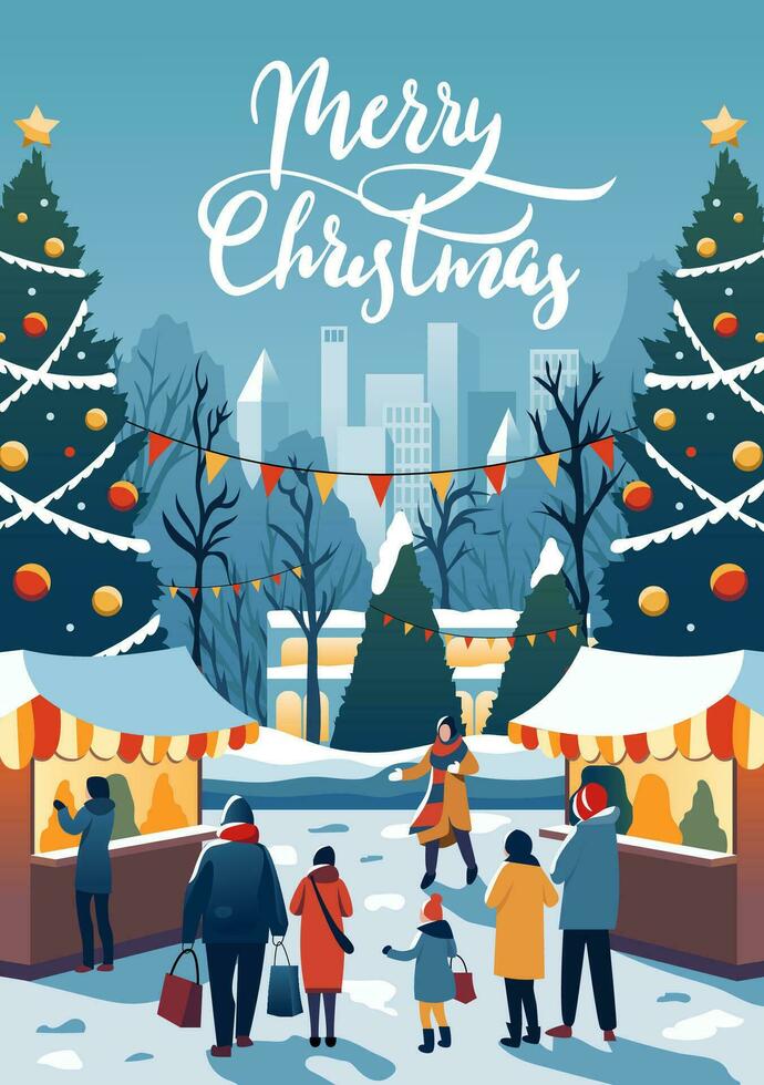 People walk around the Christmas market. Winter postcard in the style of flat, cartoon. A family walks in the snow vector