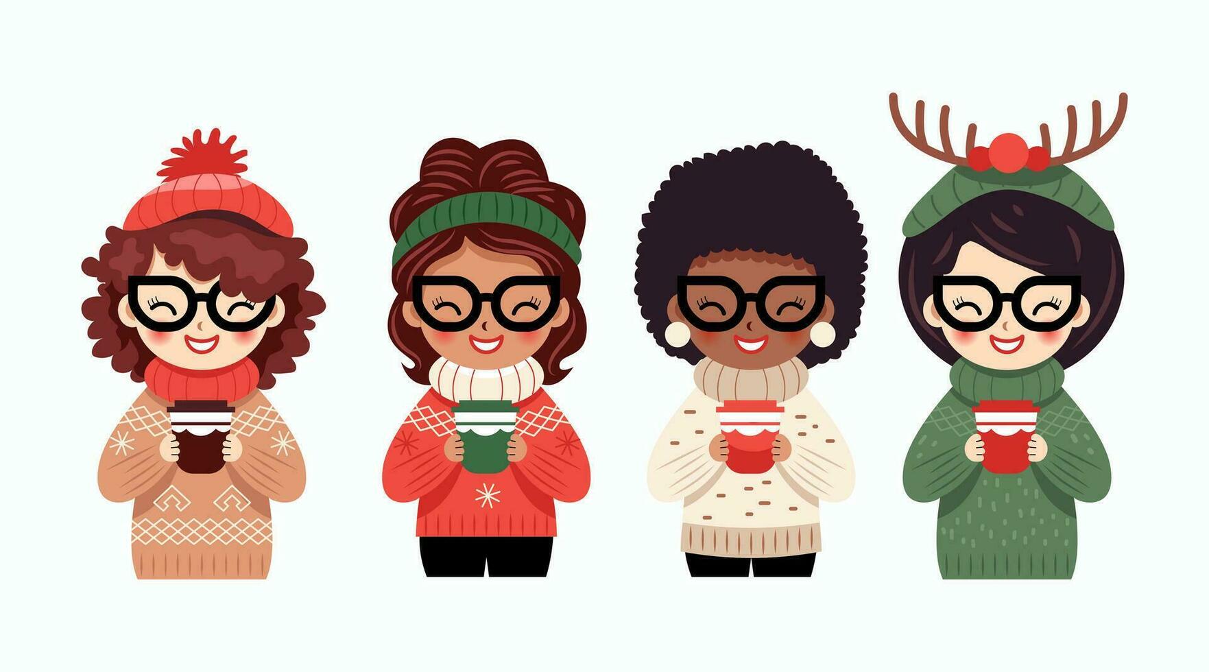 linda muchachas Bebiendo bebidas desde lentes. invierno suéteres departamento, dibujos animados vector
