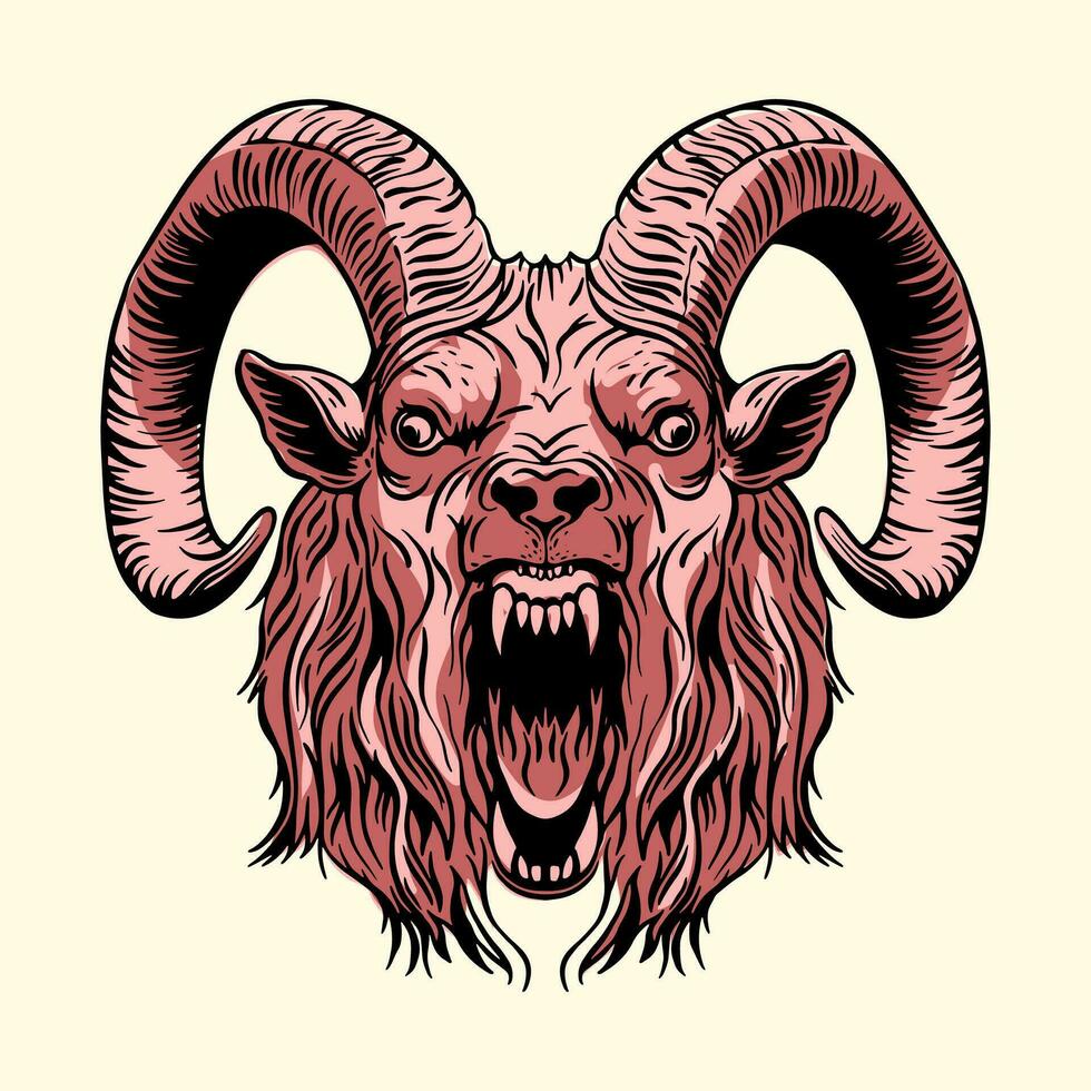 A hand-drawn goat. Retro style engraving. Angry goat line style. The Ritual animal of Satanism vector