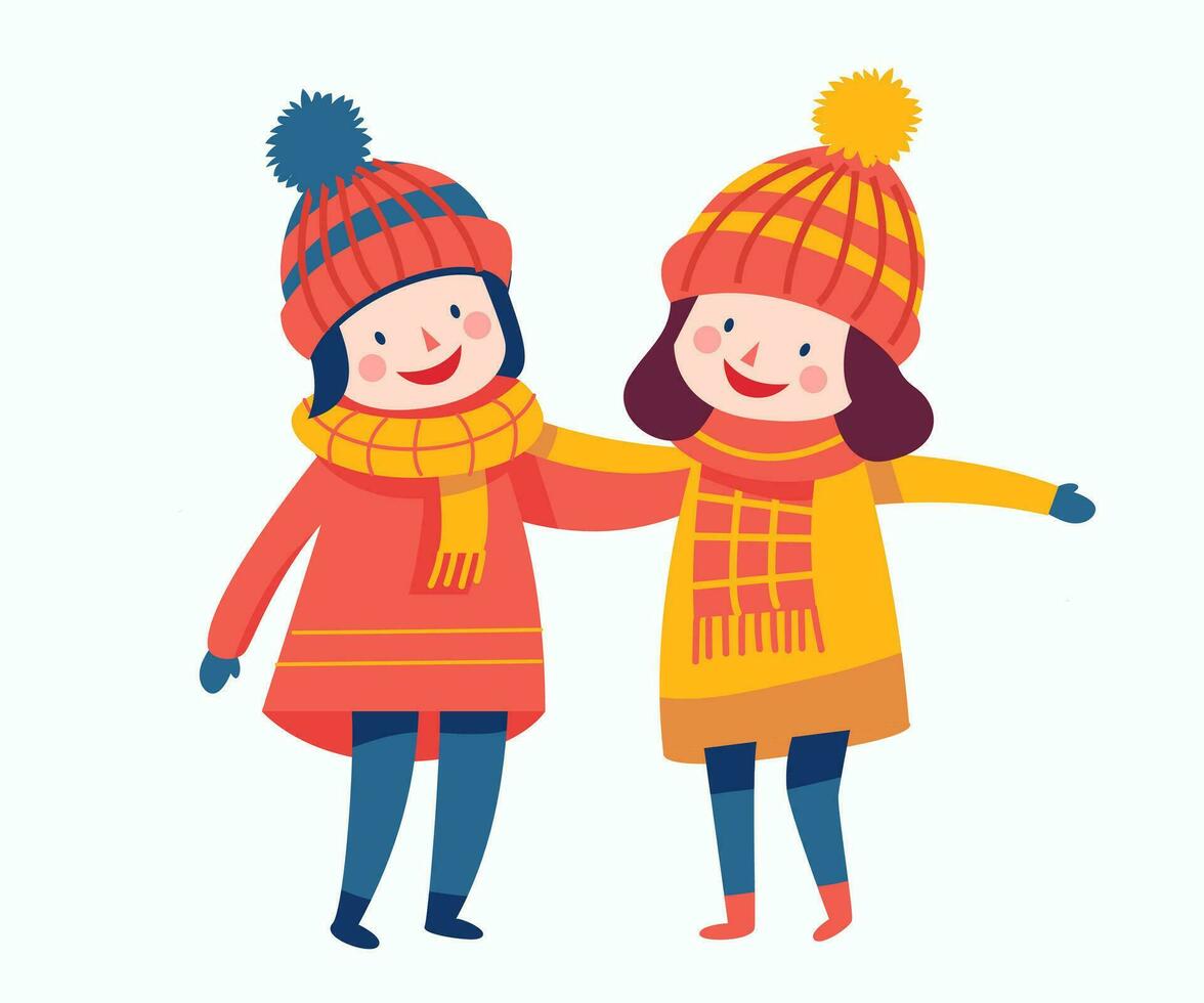 contento niños en invierno ropa son reír. dos novias abrazo. dibujos animados, plano vector