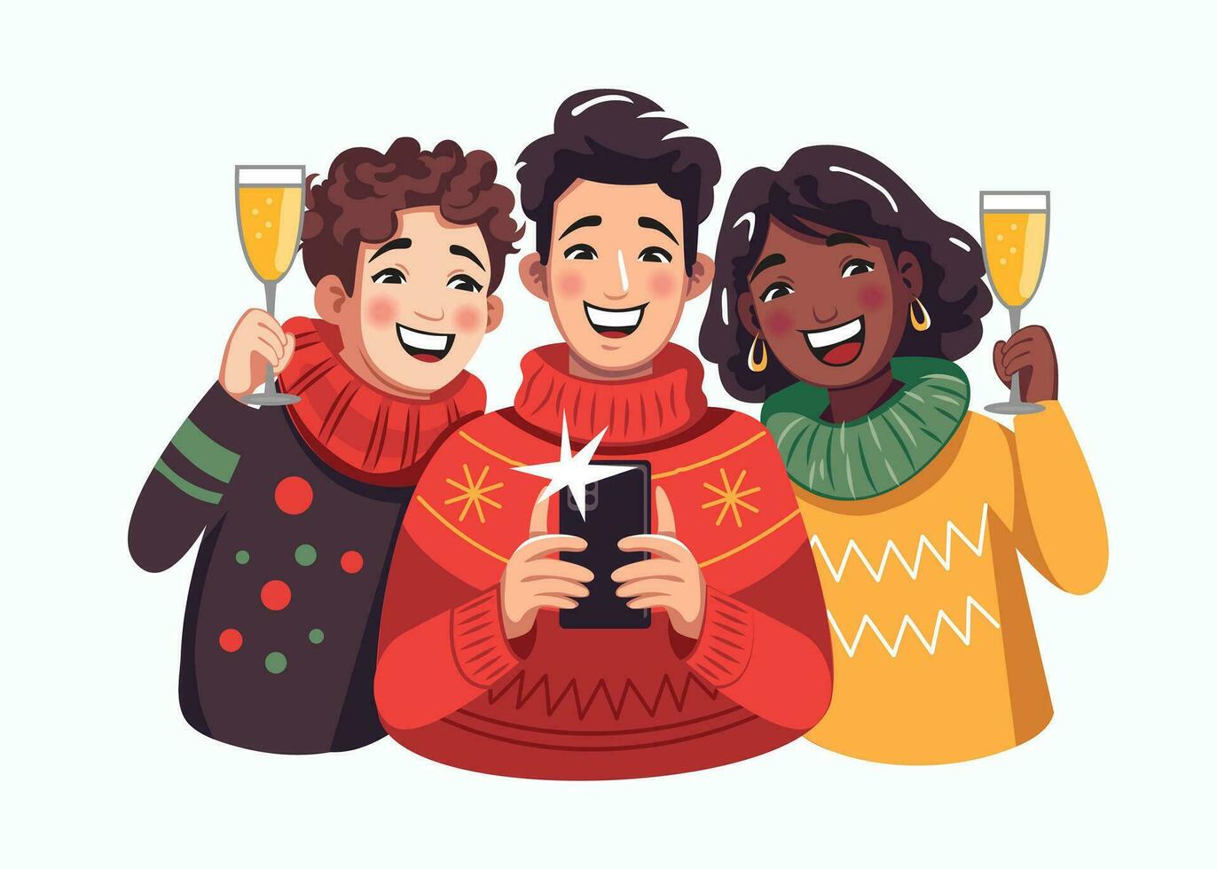 amigos en Navidad suéteres tomar autofotos personas bebida champán y tomar fotos en su teléfono inteligente dibujos animados, plano vector