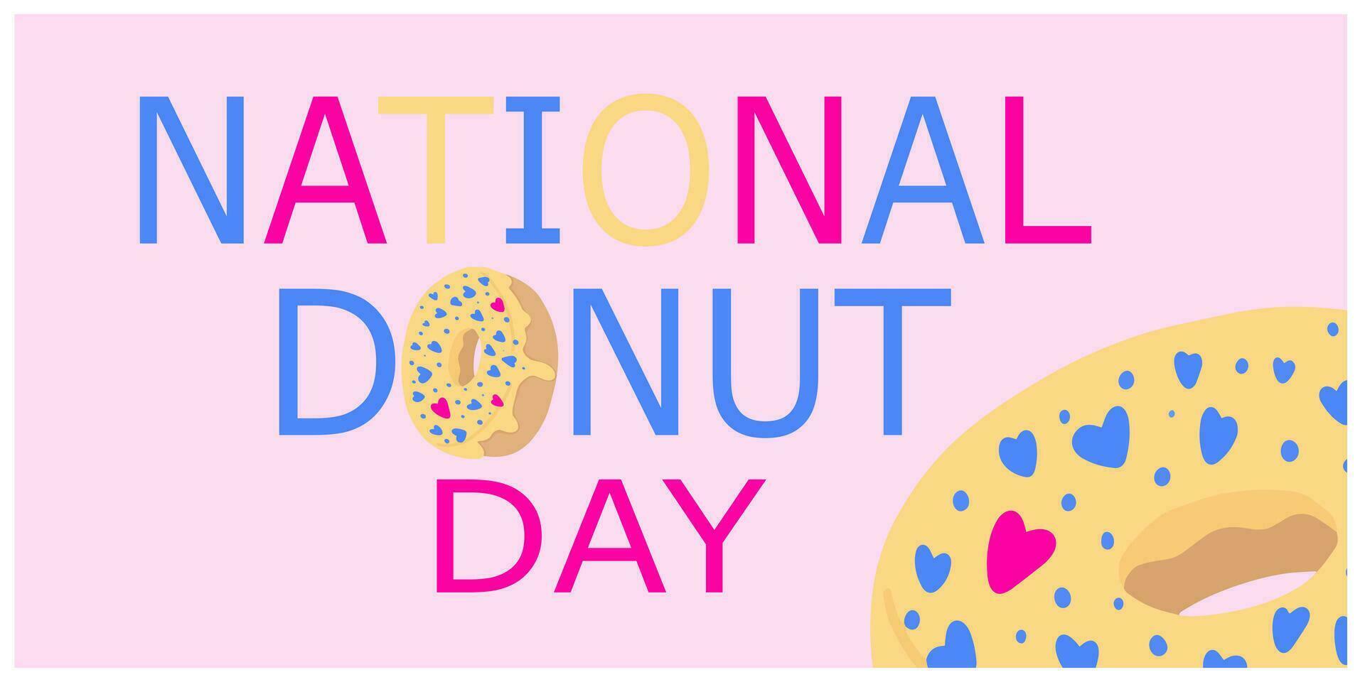 National Donut Day lettering with pink donut. Vector illustration. Cartoon