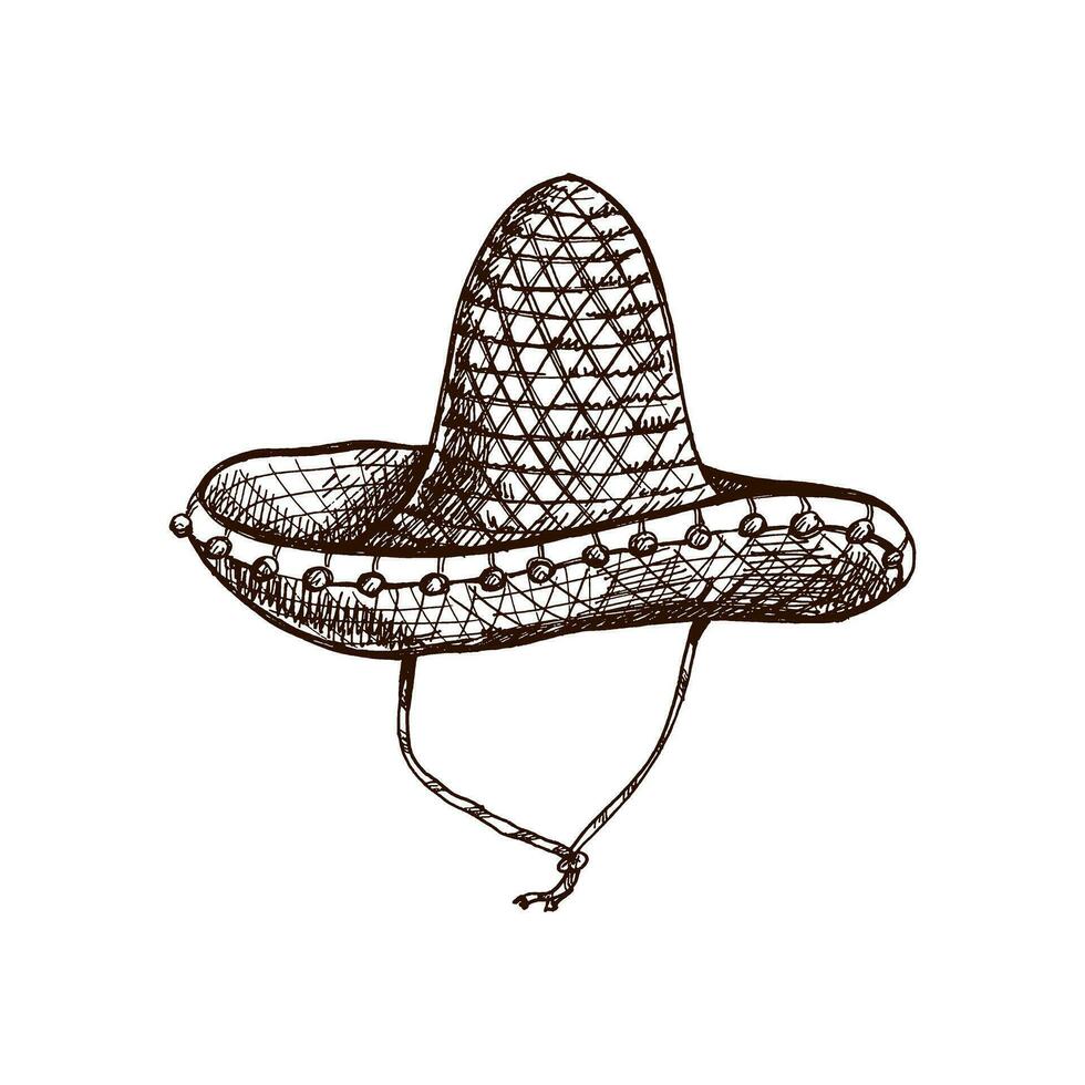 Hand-drawn sombrero sketch. Vintage drawing of hat. Vector black ink outline illustration. Mexican culture, clothes, Latin America.