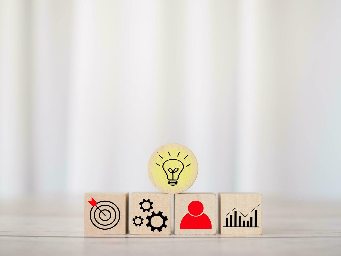 Wooden block with  business strategy icons, Action plan and business process management concept. photo