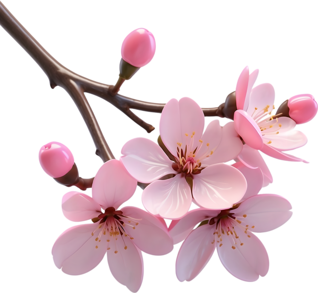 ai generado Cereza florecer rama con rosado flores y hojas png