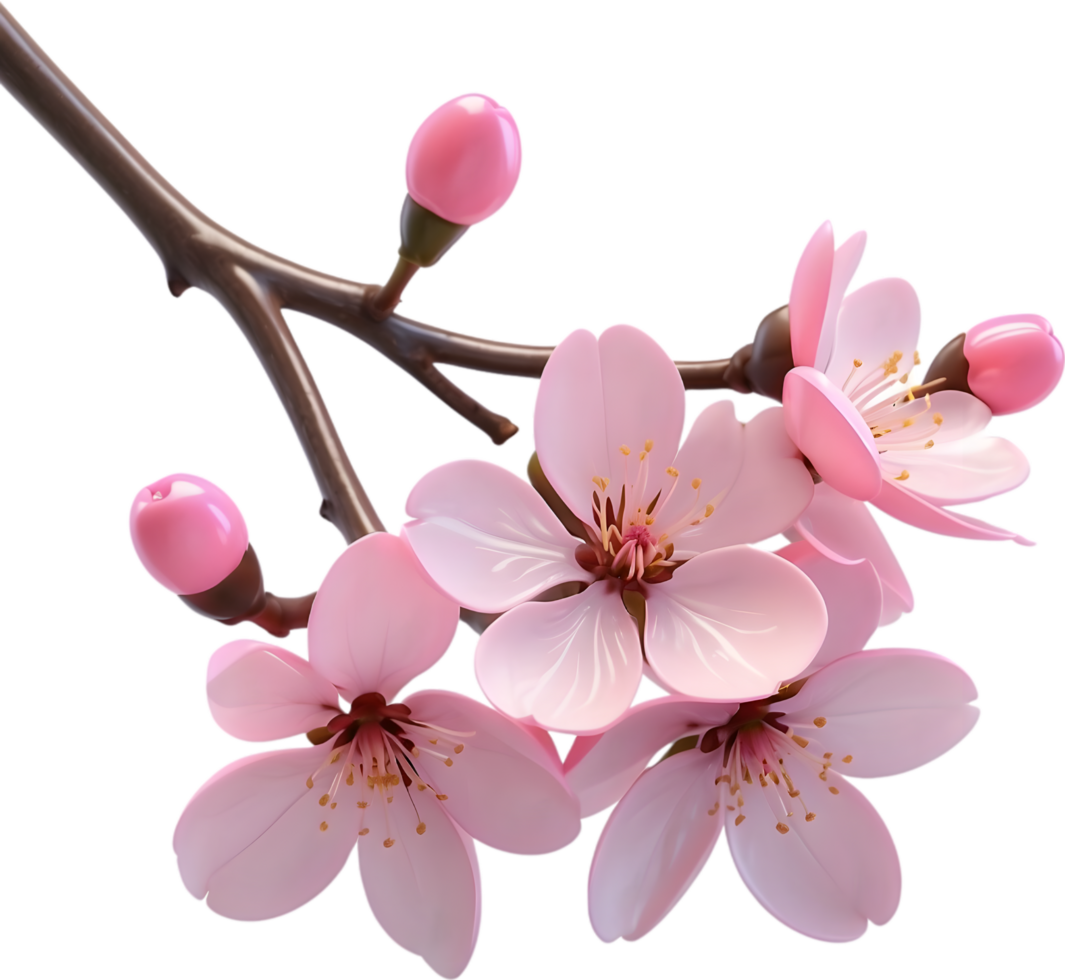 AI generated cherry blossom branch with pink flowers and leaves png