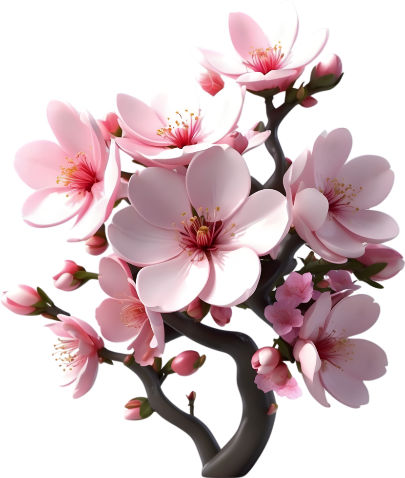 AI generated cherry blossom branch with pink flowers and leaves png