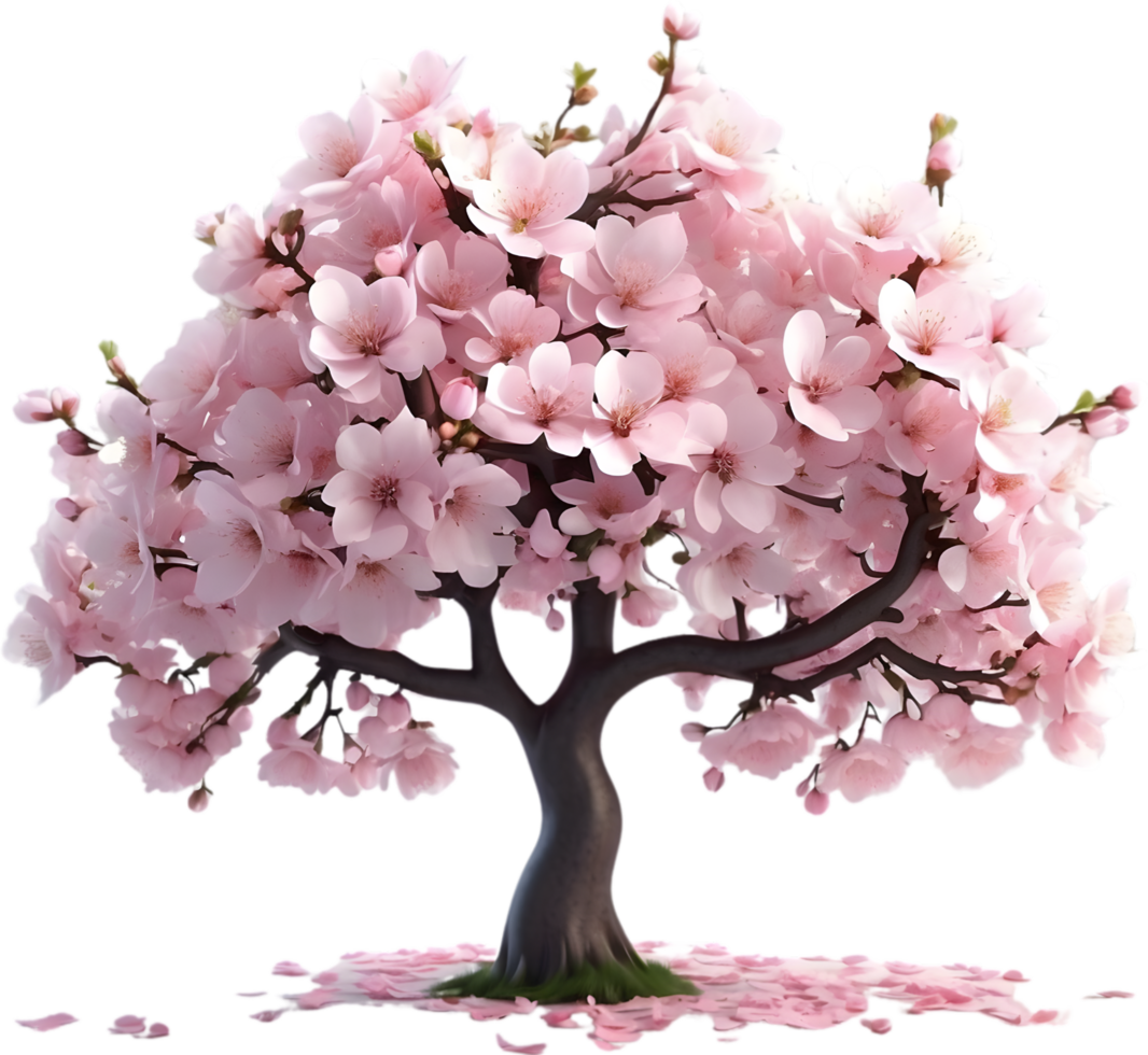 AI generated cherry blossom branch with pink flowers and leaves png