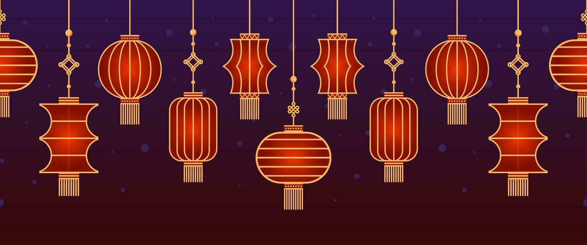 Horizontal seamless border of Chinese paper Hanging lantern Denglong. Good luck knot. Chinese New Year, Mid-Autumn Festival. Flat minimalistic geometric design. fabric, wrapping, background. vector