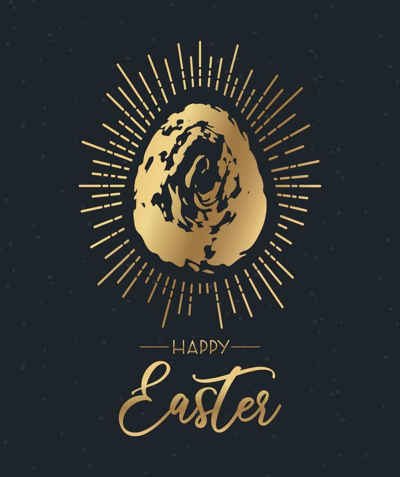 Happy Easter. Square black banner, golden shining chocolate eggs in grunge style. Vector illustration for advertising banner, website, poster, postcards, sale flyer.