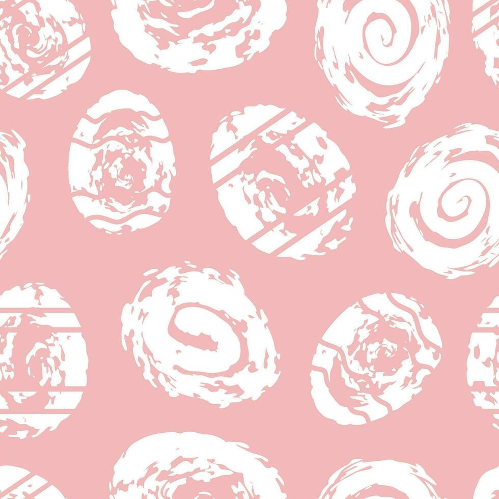 Pink seamless pattern of white Easter chocolate eggs in abstract style. Grunge textures. For wallpaper, fabric, wrapping, background. vector
