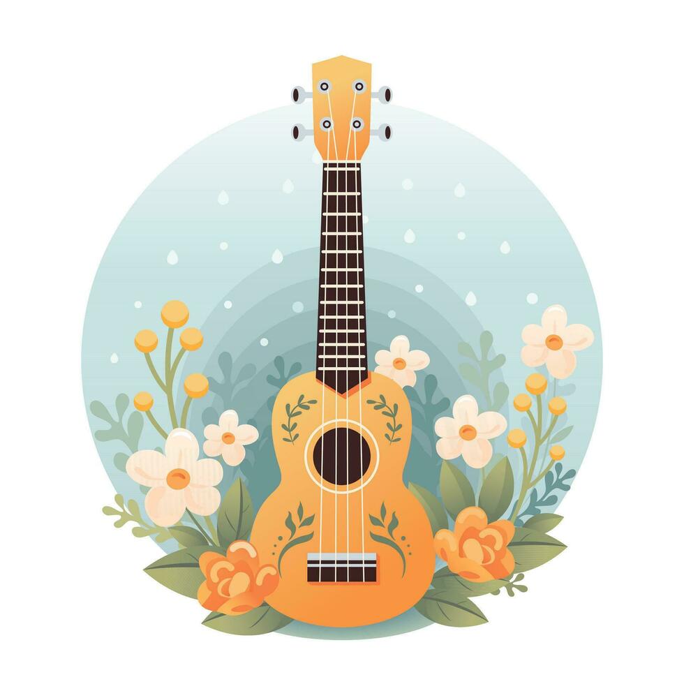 Ukulele Hawaiian four-string soprano guitar. Flowers. Travel and tourism. Cartoon style. Small guitar, string music instrument. Bright, colorful design for poster, t-shirt, banner, card, cover. vector