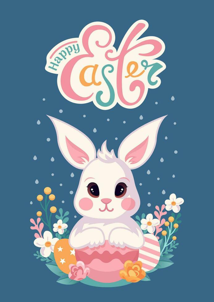 linda Pascua de Resurrección conejito en dibujos animados estilo. prado flores, lluvia. Clásico letras. para niños personaje en pastel colores para póster, camiseta, bandera, tarjeta, cubrir vector