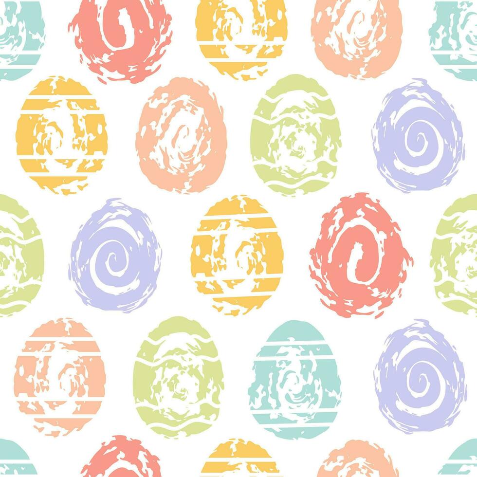 Seamless pattern of colorful Easter chocolate eggs in abstract style. Grunge textures. For wallpaper, fabric, wrapping, background. vector