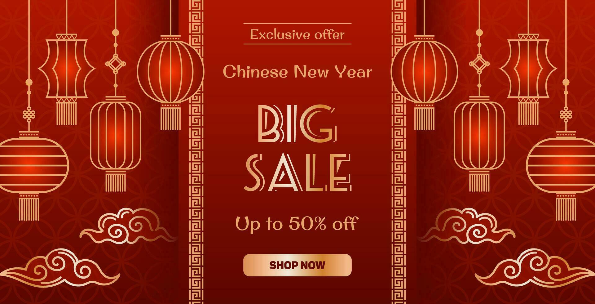 Horizontal Banner horizontal of Chinese paper Hanging lantern Denglong. gold Antique pattern, Asian style. Good luck knot. Chinese New Year, Mid-Autumn Festival. for poster, flyer. vector
