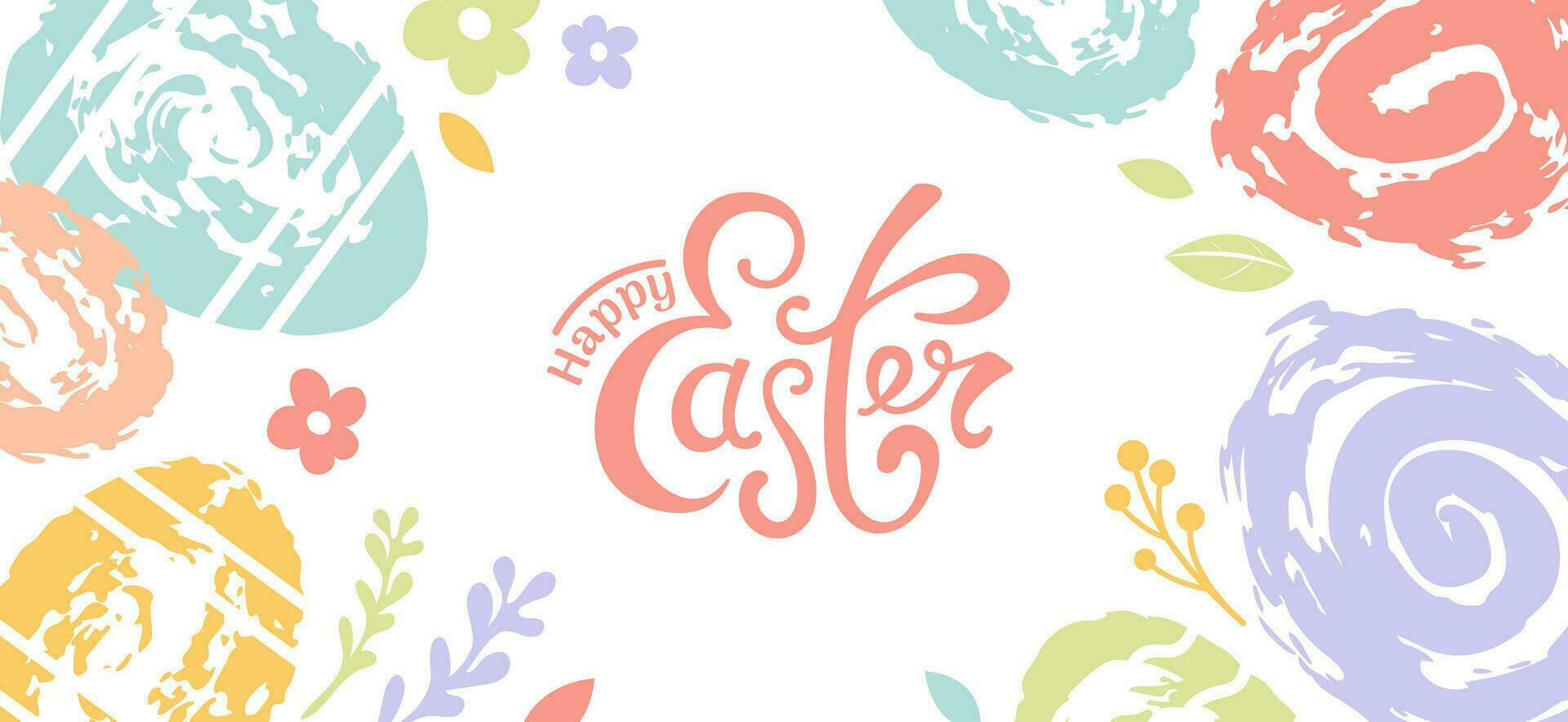 Bright horizontal vector banner colorful Easter chocolate eggs in abstract style. Grunge textures. spring flowers. For advertising banner, website, poster, sale flyer.