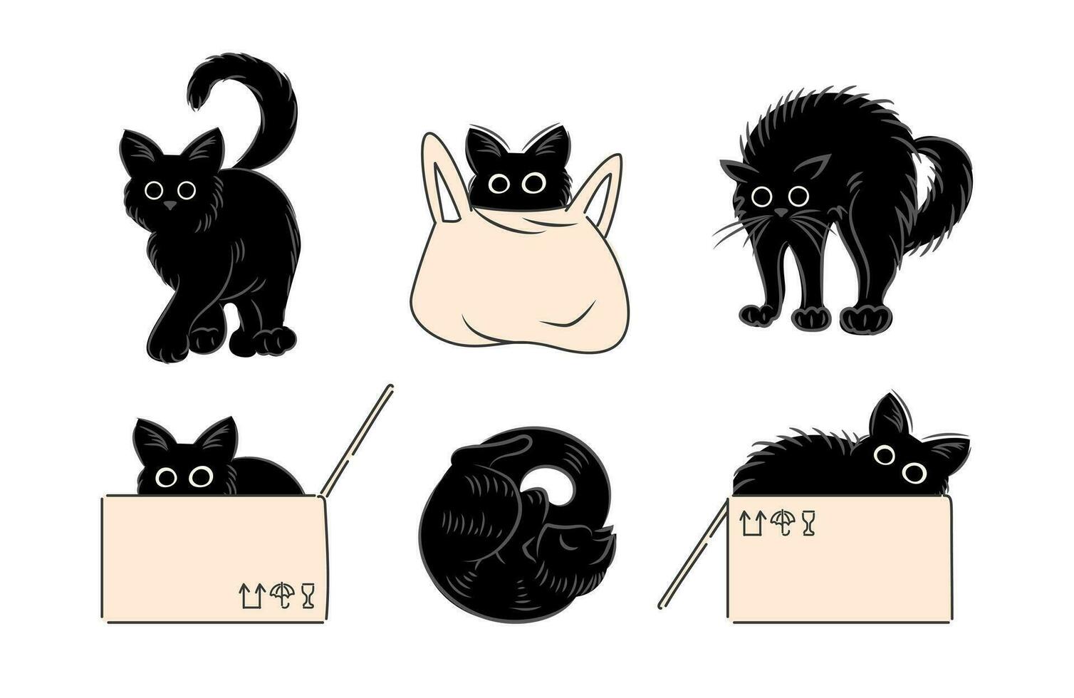 Set of cats. Hides in a bag and box, hisses, sleeps, hunts, walks. Fat cute cat lifestyle. Pets. For stickers, posters, cards, design elements. vector