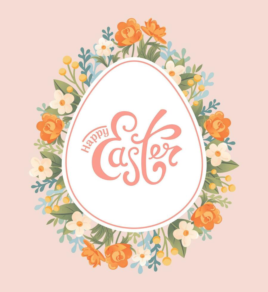 contento Pascua de Resurrección. cuadrado vistoso bandera, guirnalda de primavera flores en el formar de un chocolate huevo. Clásico letras. vector ilustración para carteles, tarjetas, pancartas, tela impresión. él es resucitado