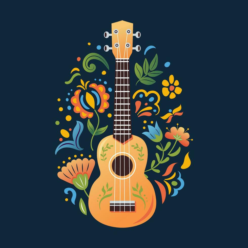 Ukulele Hawaiian four-string soprano guitar. Mexican or Slavic folk flowers. Cartoon style. Small guitar, string music instrument. for poster, t-shirt, banner, card, cover. Cinco de Mayo Festival. vector