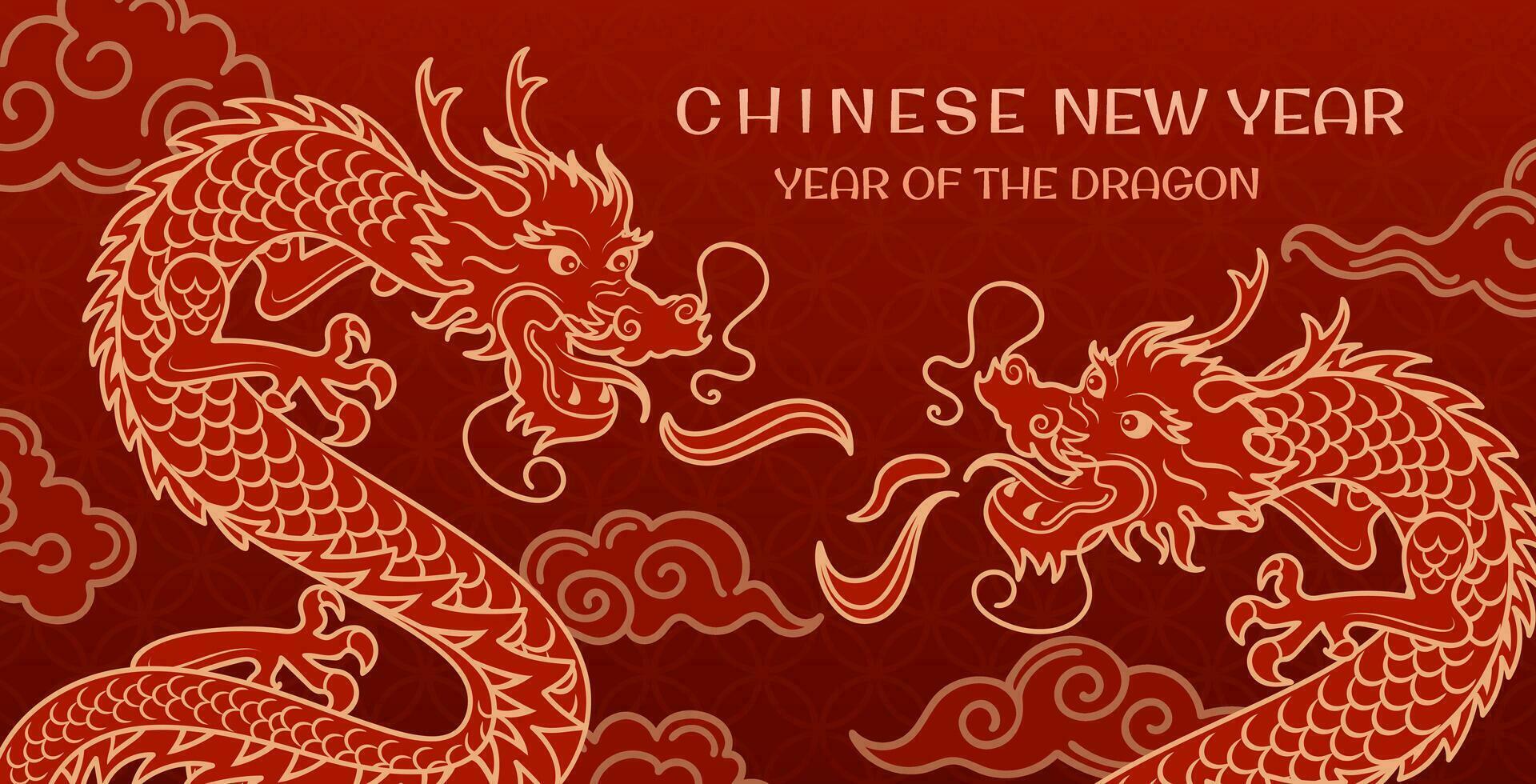 Chinese dragons fighting in the clouds. New Year of the Wooden Dragon. Banner with gold Antique pattern, Asian style. Bright horizontal vector banner. Vintage font. for poster, flyer.