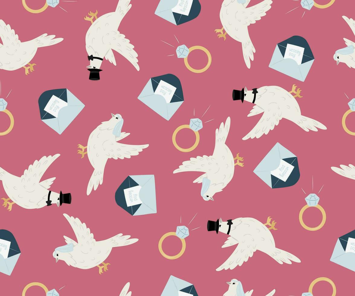 Wedding seamless pattern with doves, wedding rings, invitation envelopes. vector