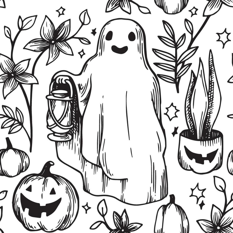 vector seamless pattern for Halloween, funny ghost, pumpkins and plants. illustration in sketch style, vintage, retro style