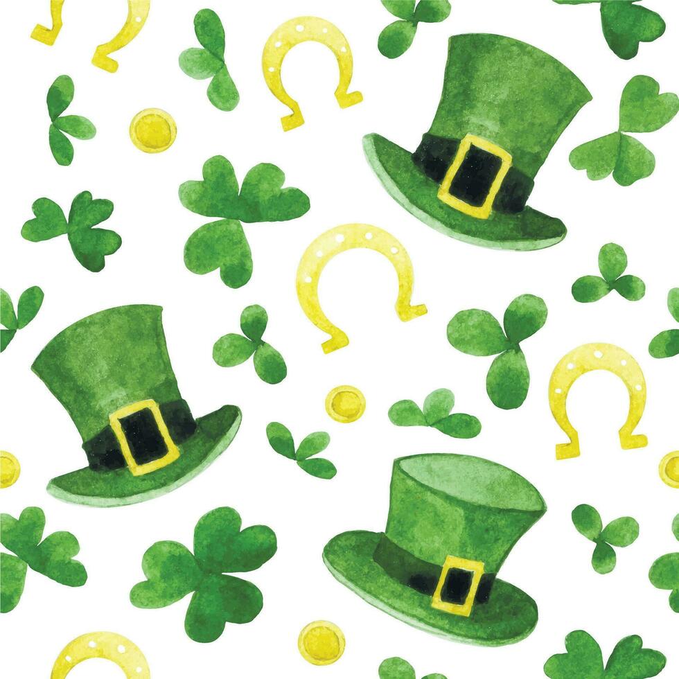 watercolor seamless pattern, print for St. Patrick's Day. green clover leaves, replicon hats, lucky horseshoes. vector