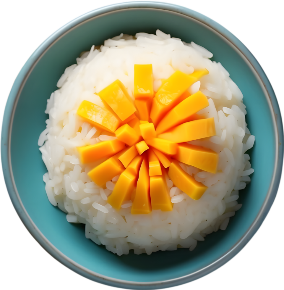 AI generated a bowl of rice sticky with a slice of mango on top png