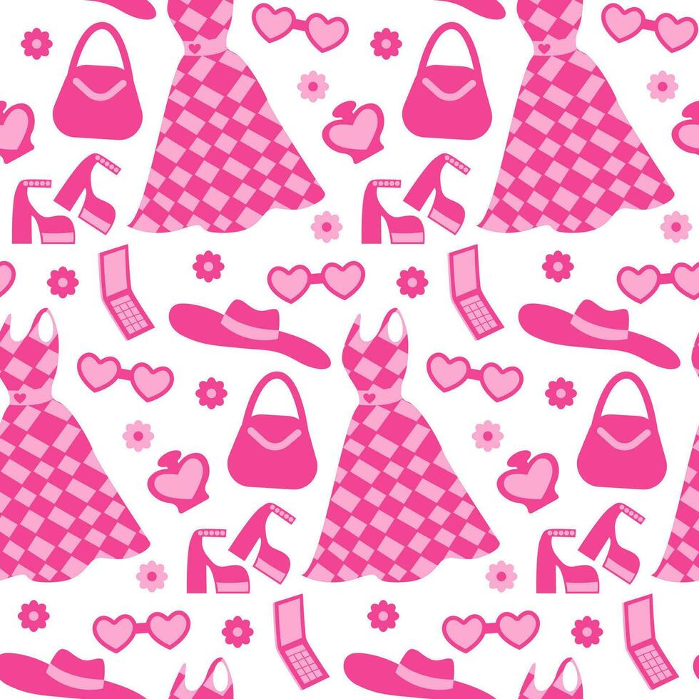 rosado sin costura modelo. impresión para un muchacha. de moda ropa y accesorios. vector, plano estilo. Perfecto para textil, fondo de pantalla o impresión diseño. vector