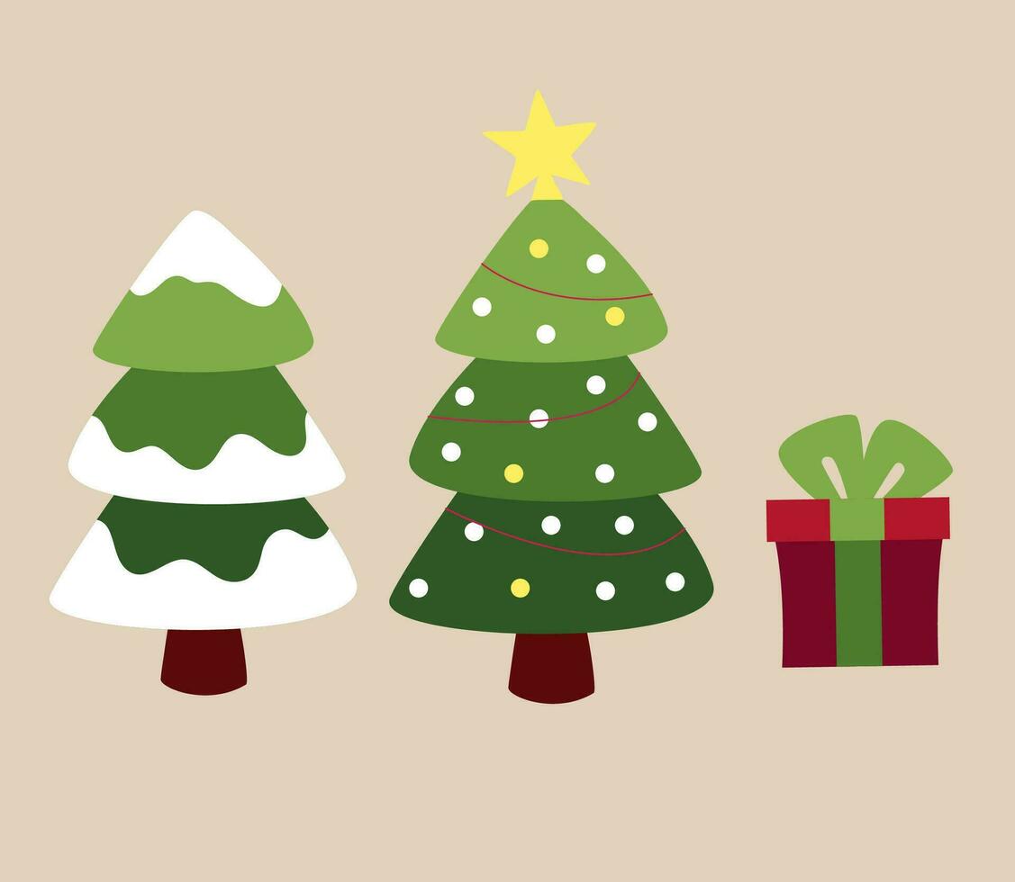 Navidad conjunto con un Navidad árbol y un regalo. vector. un Navidad árbol con juguetes y un Navidad árbol en el nieve. vector